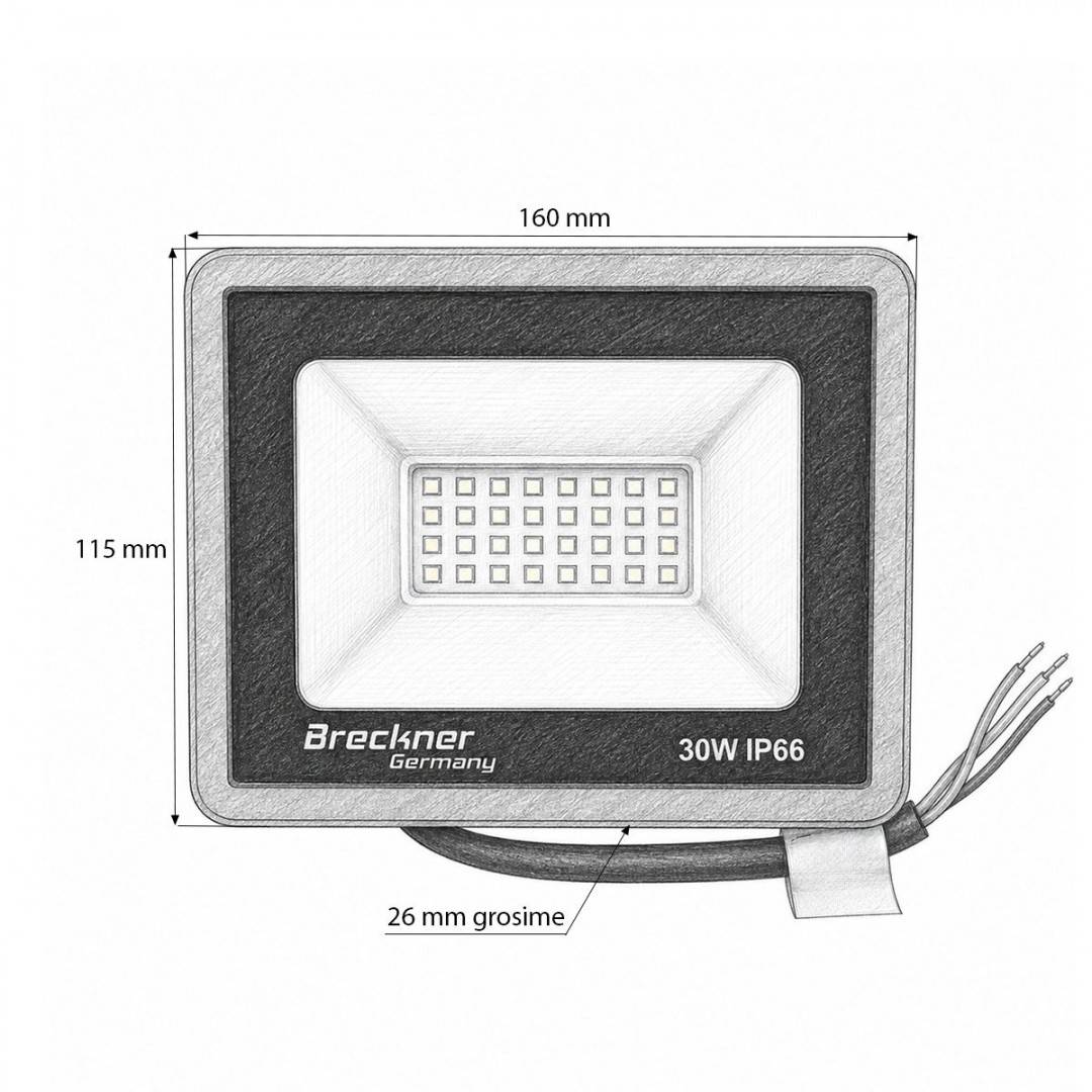 Proiector LED 30W, 100-265V, 6500K, 3000lm tip Flood 160x115x26mm IP66 Breckner Germany