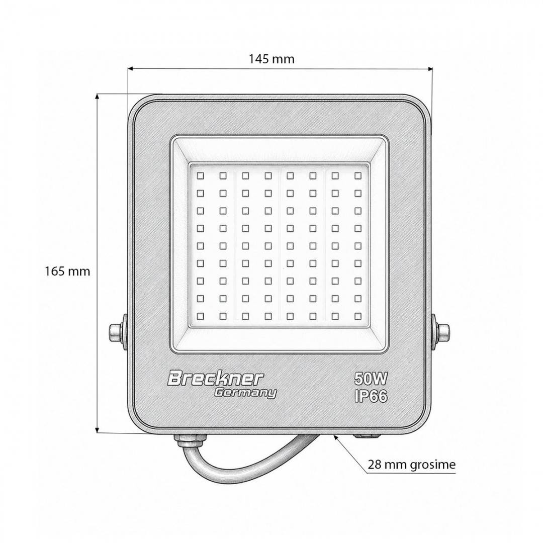 Proiector LED 50W, 220V, 6500K tip Flood 165x145x28mm IP66 Breckner Germany