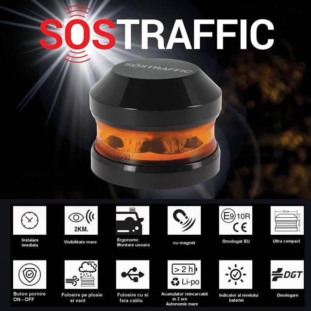 Proiector stroboscopic, girofar galben, incarcare USB, SOSTRAFFIC Baliza 1 Atressa