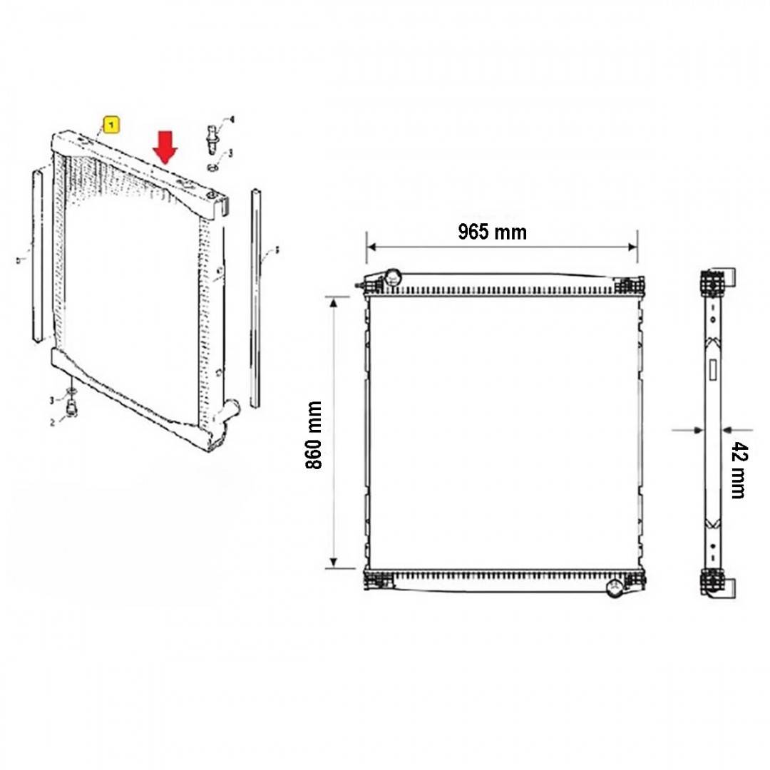 Radiator racire apa motor Scania 4 860x965x42mm cod OEM 1442751, 1764886, 1397435, 1327249, 1570474, 1408881