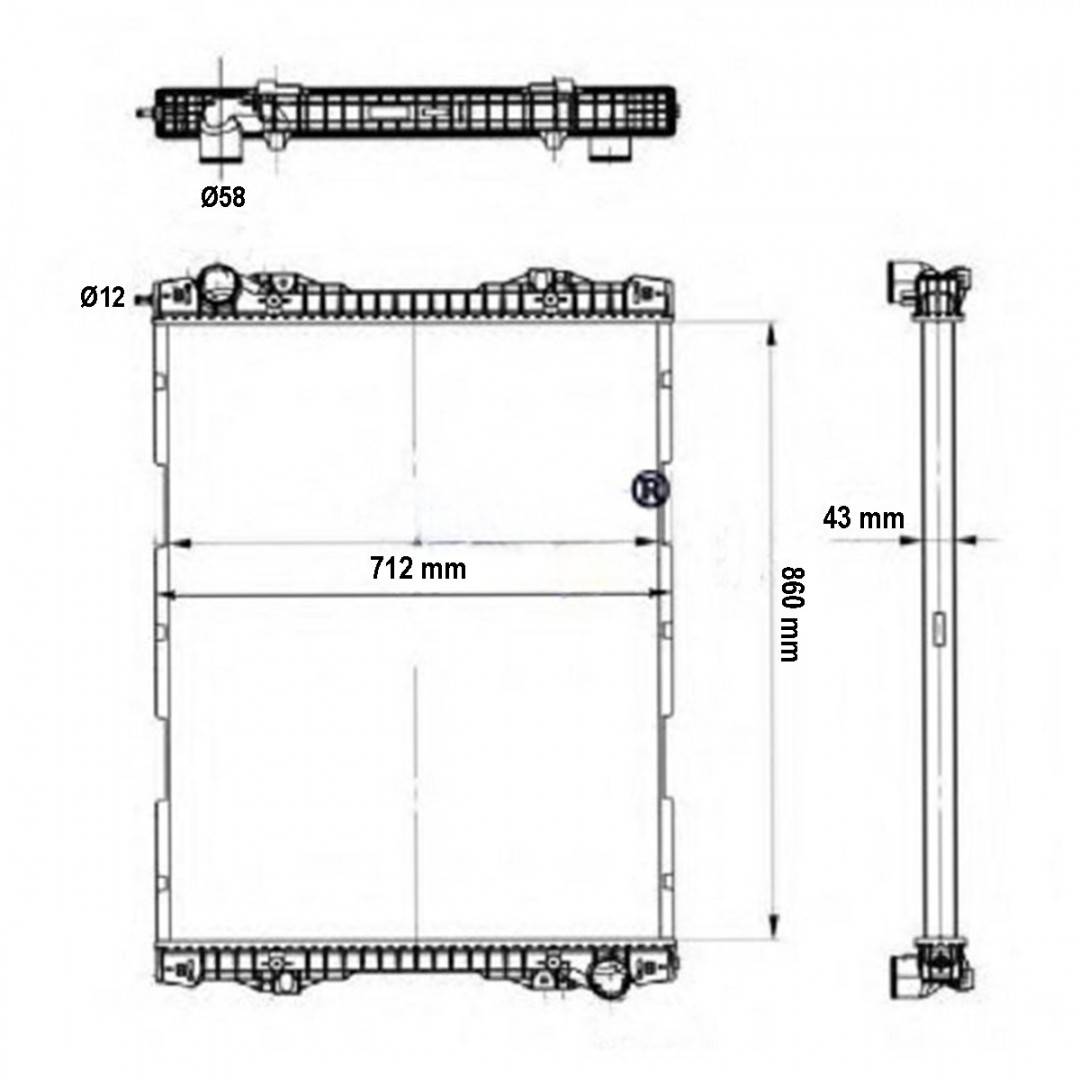 Radiator racire apa motor Scania seria 4, PGR-T, K, L, N BUS 712x860x43mm cod OEM 1784615, 1491710, 1766125, 1769999, 1798689
