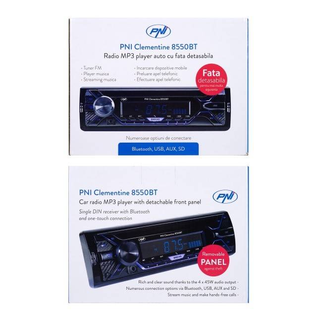 Radio MP3 player auto PNI Clementine 8550BT, fata detasabila, 4x45w, 12V, 1 DIN, cu SD, USB, AUX, RCA