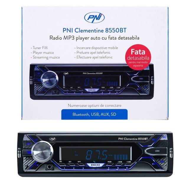 Radio MP3 player auto PNI Clementine 8550BT, fata detasabila, 4x45w, 12V, 1 DIN, cu SD, USB, AUX, RCA