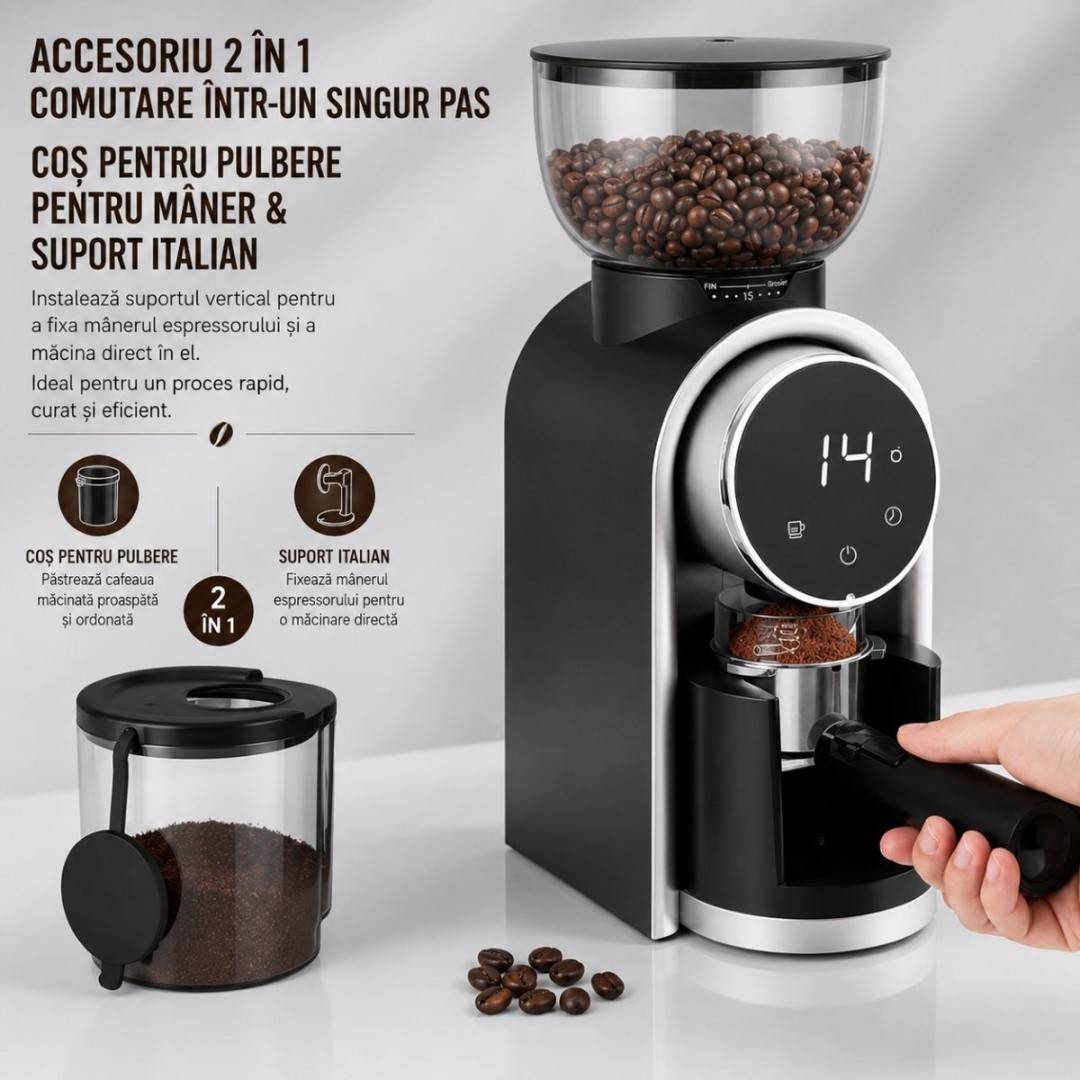 Rasnita electrica de cafea automata 150W, 220V, reglaj macinare 25 trepte, afisaj digital touch, bavuri conice, recipient boabe 250g