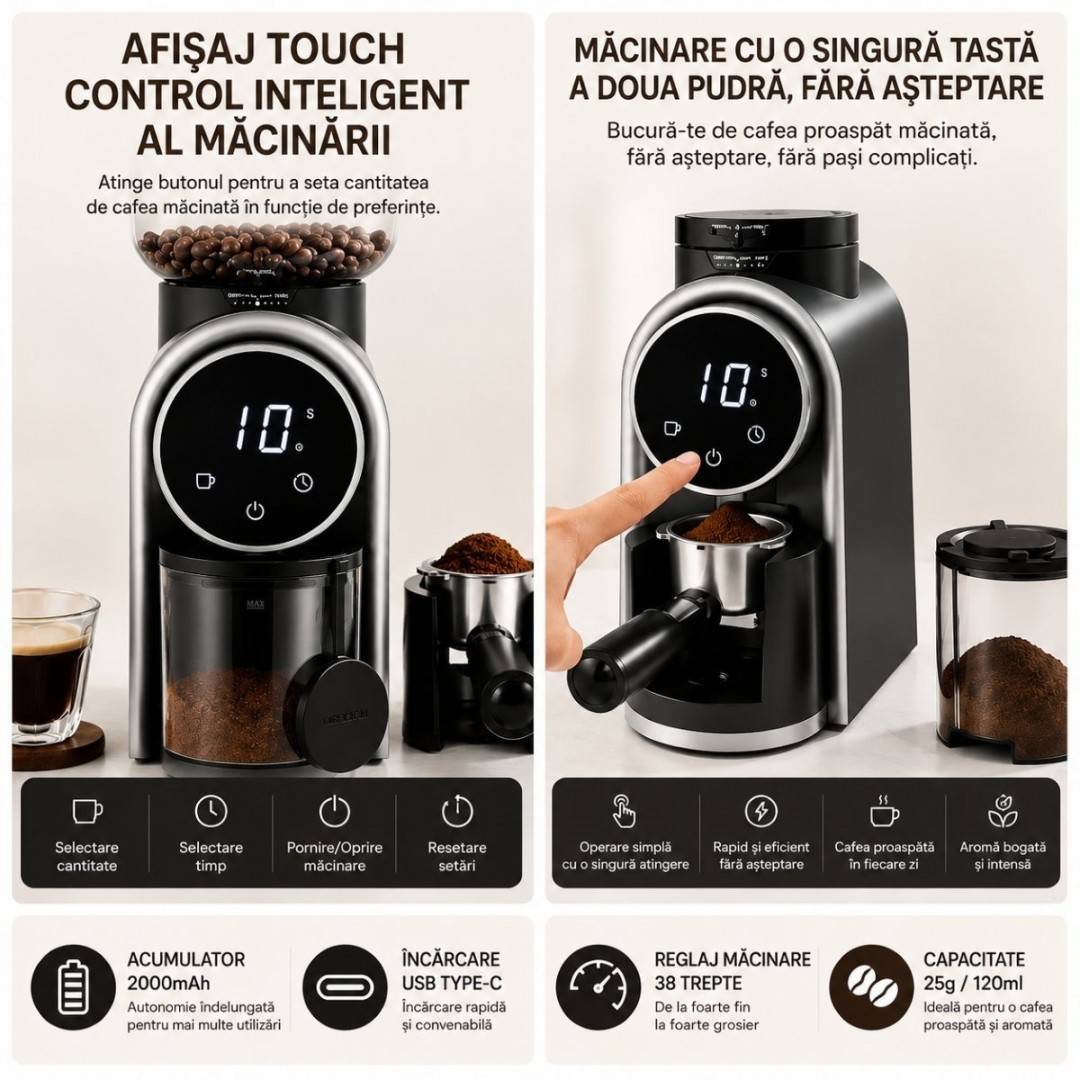 Rasnita electrica de cafea automata 150W, 220V, reglaj macinare 25 trepte, afisaj digital touch, bavuri conice, recipient boabe 250g
