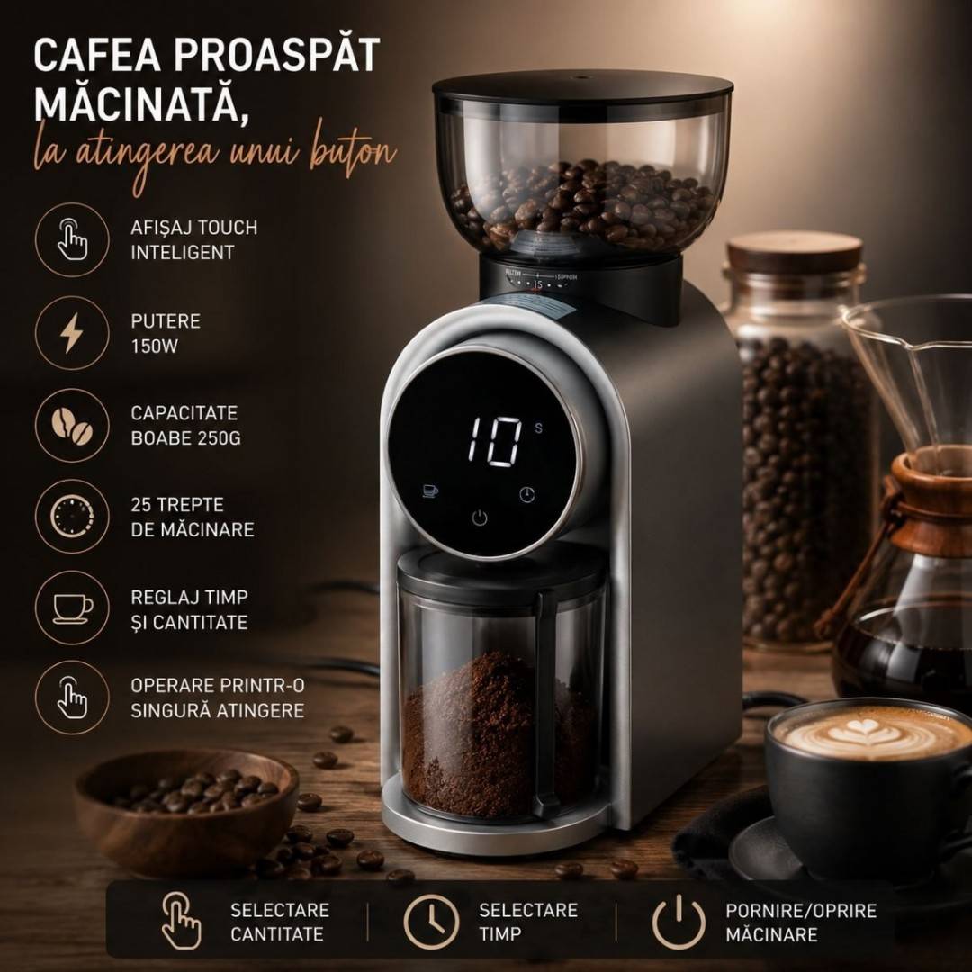 Rasnita electrica de cafea automata 150W, 220V, reglaj macinare 25 trepte, afisaj digital touch, bavuri conice, recipient boabe 250g