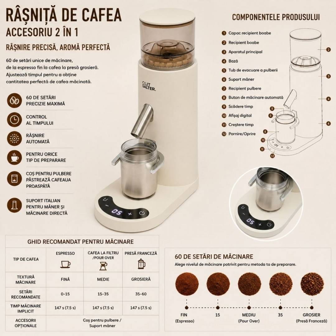 Rasnita electrica de cafea portabila cu acumulator 2600mAh, 110W, reglaj macinare 60 trepte, bavuri conice 41mm, afisaj digital touch, reincarcabila