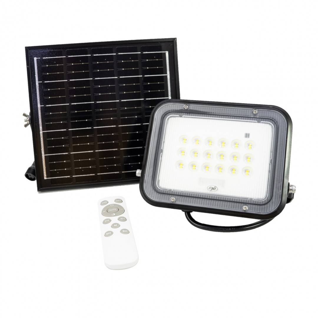 Reflector LED PNI GreenHouse WS50 PRO 50W cu panou solar 6W, acumulator 5000mAh, 800lm, telecomanda, timing si luminozitate reglabila, 6500 K, IP65