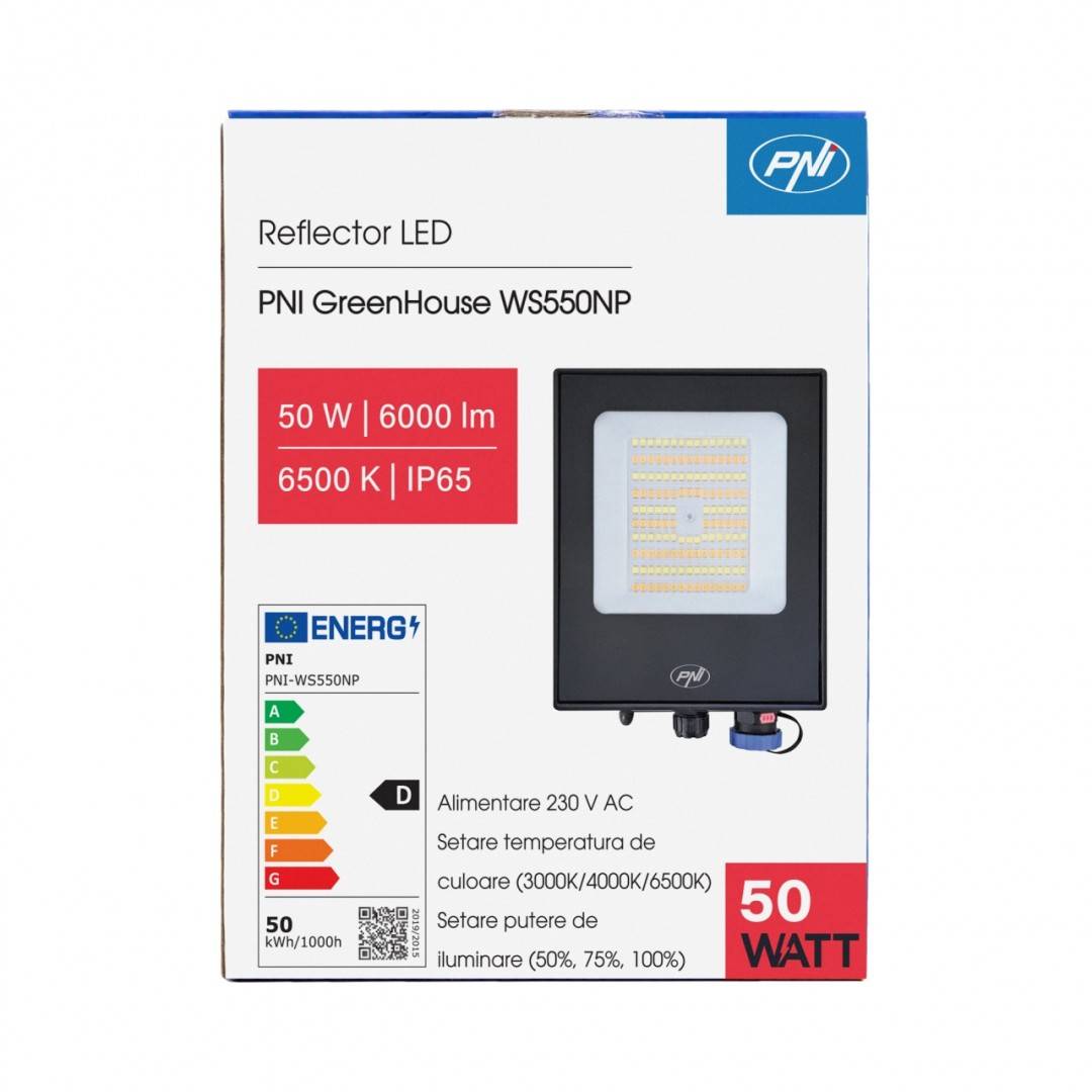 Reflector LED PNI GreenHouse WS550NP 50W alimentare 230V, temperatura de culoare reglabila (3000K, 4000K, 6500K), intensitate luminoasa reglabila