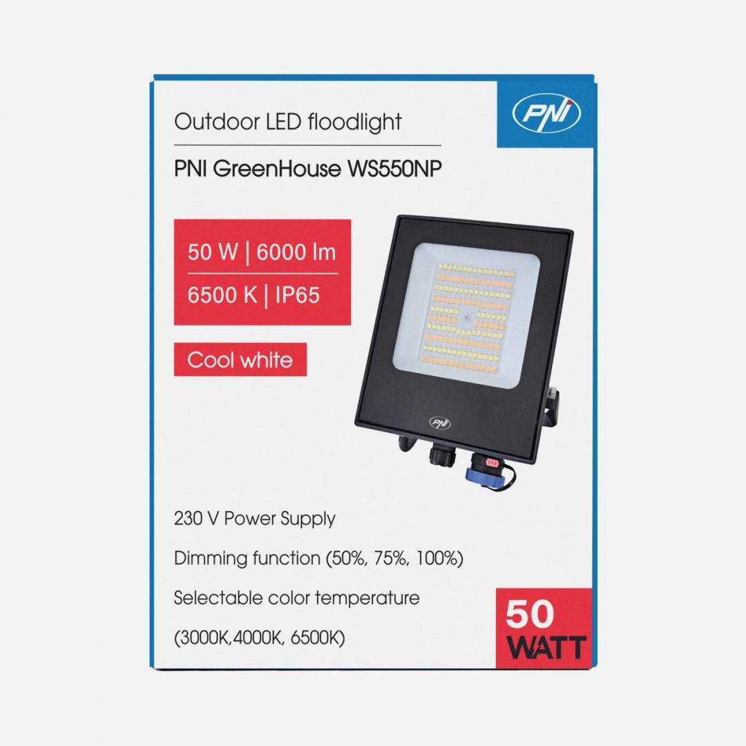 Reflector LED PNI GreenHouse WS550NP 50W alimentare 230V, temperatura de culoare reglabila (3000K, 4000K, 6500K), intensitate luminoasa reglabila