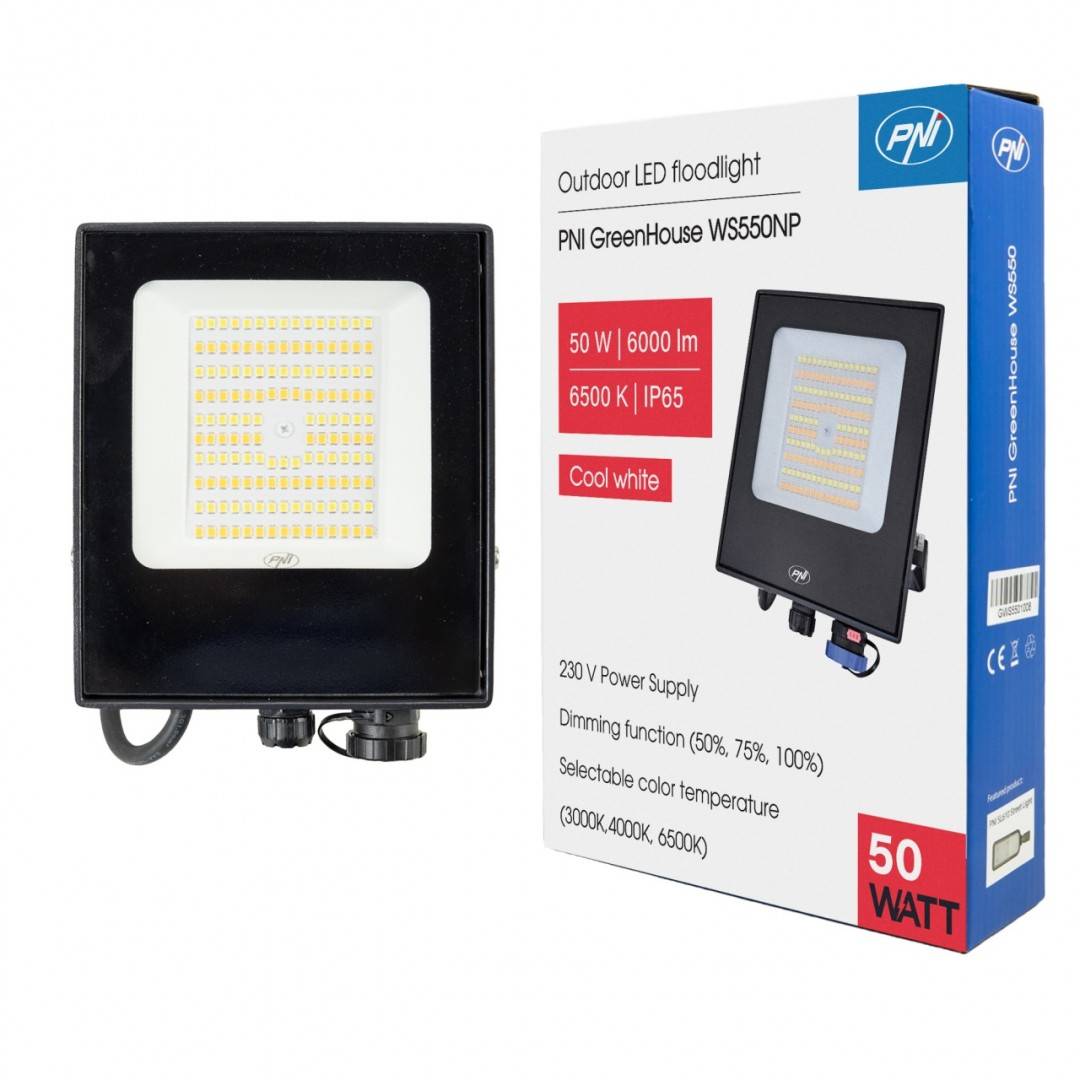 Reflector LED PNI GreenHouse WS550NP 50W alimentare 230V, temperatura de culoare reglabila (3000K, 4000K, 6500K), intensitate luminoasa reglabila
