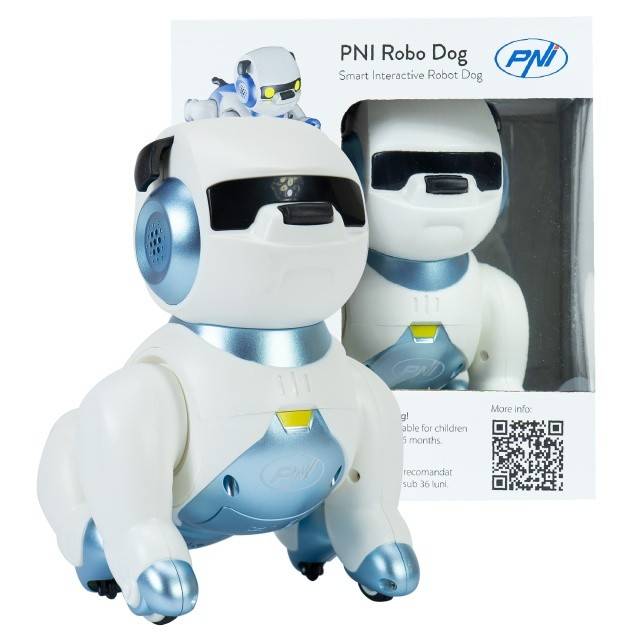 Robot inteligent interactiv PNI Robo Dog, control vocal, butoane tactile, alb-albastru, acumulator inclus 3.7V 350mAh