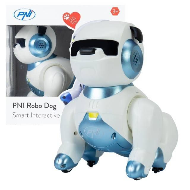 Robot inteligent interactiv Robo Dog, control vocal, butoane tactile, alb-albastru, acumulator inclus 3.7V 350mAh