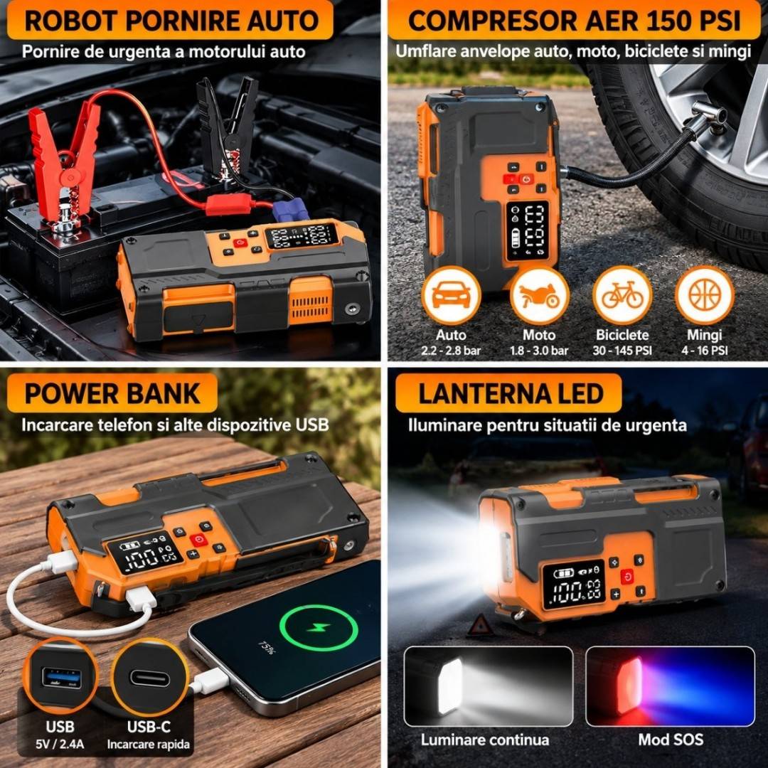 Robot pornire auto cu compresor aer portabil digital 150PSI, 12V, 120W, baterie Li-ion 8000mAh, Power Bank, lanterna LED, port USB/USB-C Breckner