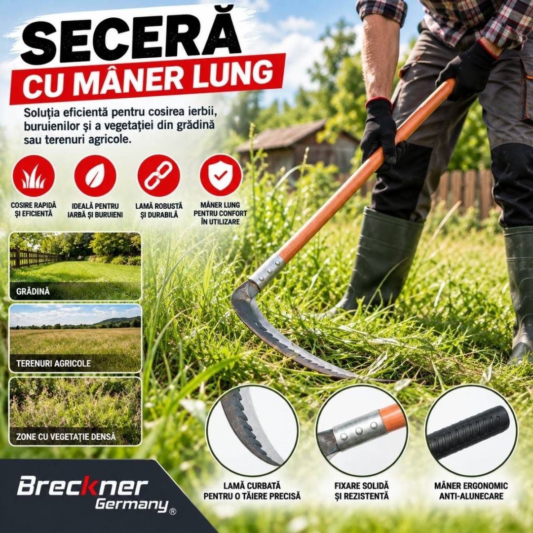 Secera cu maner lung 55cm, lama curbata 32cm profesionala Breckner Germany