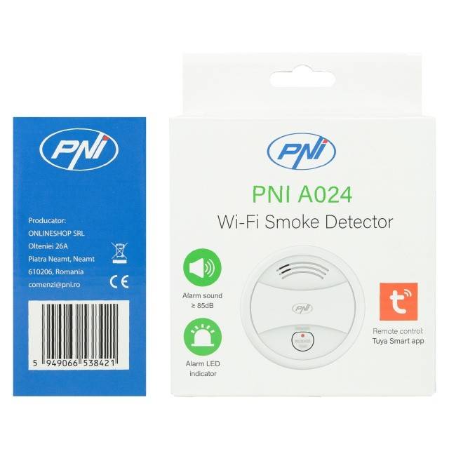 Senzor de fum PNI A024 cu Wi-Fi, control din aplicatia Tuya Smart, alimentare baterie 9V, 85dB, alarma sonora si vizuala, alarma silentioasa