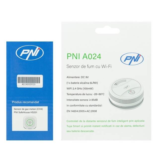Senzor de fum PNI A024 cu Wi-Fi, control din aplicatia Tuya Smart, alimentare baterie 9V, 85dB, alarma sonora si vizuala, alarma silentioasa