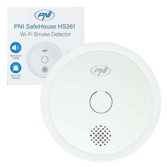 Senzor de fum PNI SafeHouse HS261 cu Wi-Fi, control din aplicatia Tuya Smart, alimentare baterie 3V, 85dB, alarma sonora si vizuala, alarma