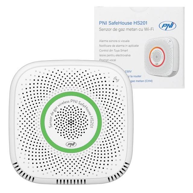 Senzor de gaz metan (CH4) PNI SafeHouse HS201 cu Wi-Fi, control din aplicatia Tuya Smart, alimentare 230V, 70dB, prompt vocal, alarma sonora si