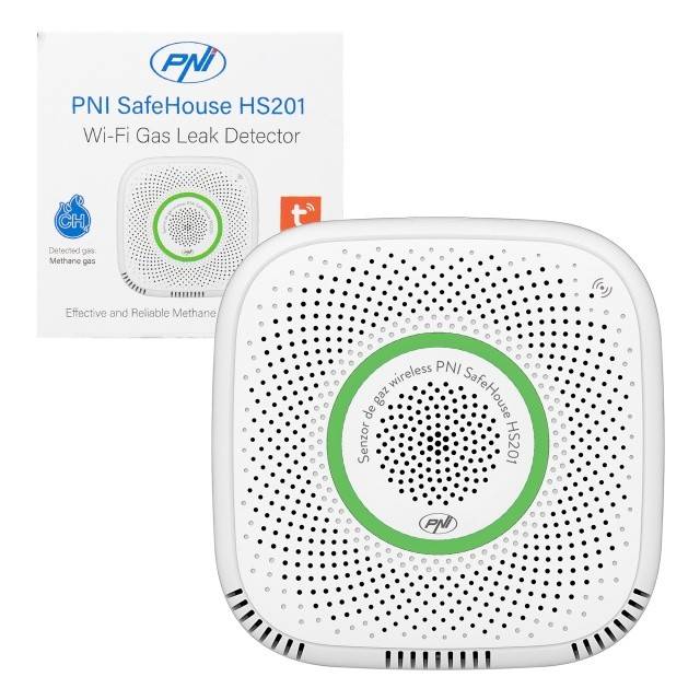 Senzor de gaz metan (CH4) PNI SafeHouse HS201 cu Wi-Fi, control din aplicatia Tuya Smart, alimentare 230V, 70dB, prompt vocal, alarma sonora si