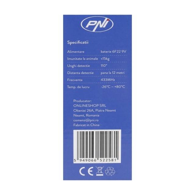 Senzor de miscare PIR PNI SafeHouse HS004, pentru sisteme de alarma wireless, cu imunitate la animale, sensibilitate reglabila