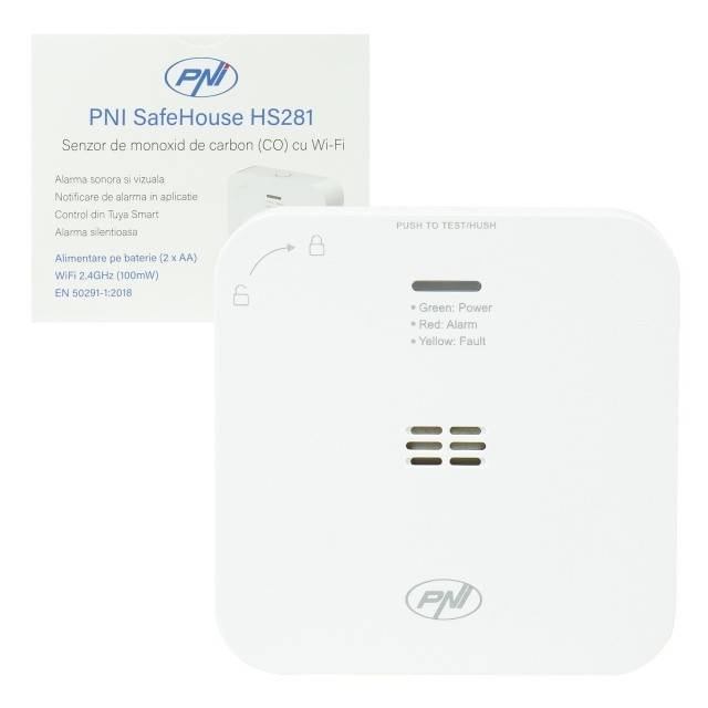 Senzor de monoxid de carbon (CO) PNI SafeHouse HS281 cu Wi-Fi, control din aplicatia Tuya Smart, alimentare baterii AA, 85dB, alarma sonora si