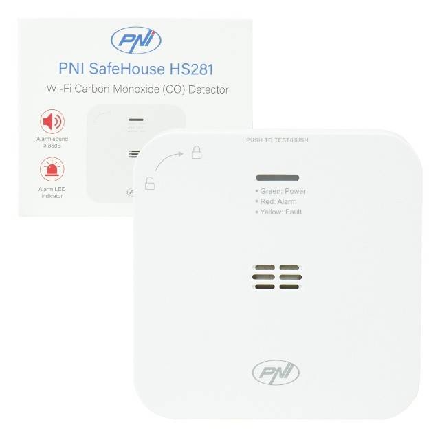 Senzor de monoxid de carbon (CO) PNI SafeHouse HS281 cu Wi-Fi, control din aplicatia Tuya Smart, alimentare baterii AA, 85dB, alarma sonora si