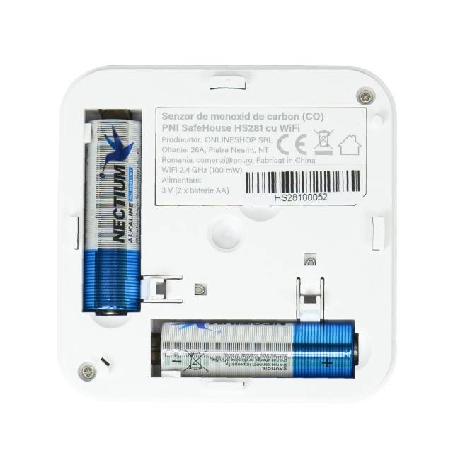 Senzor de monoxid de carbon (CO) PNI SafeHouse HS281 cu Wi-Fi, control din aplicatia Tuya Smart, alimentare baterii AA, 85dB, alarma sonora si