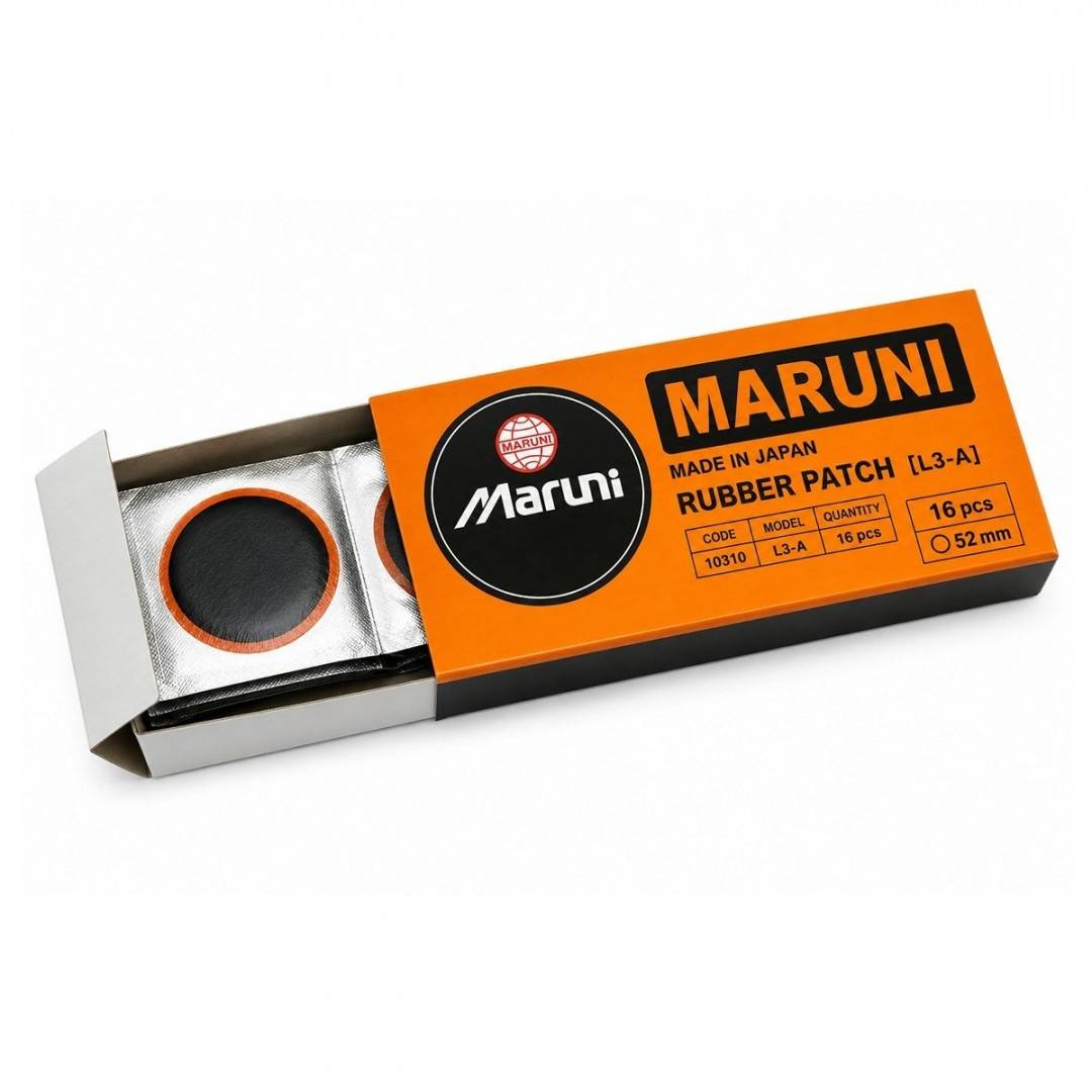 Set 16 petice vulcanizare rotunde 52mm + 1 tub adeziv Super Valcarn G 22ml pentru camere de aer L3-A Maruni made in Japan