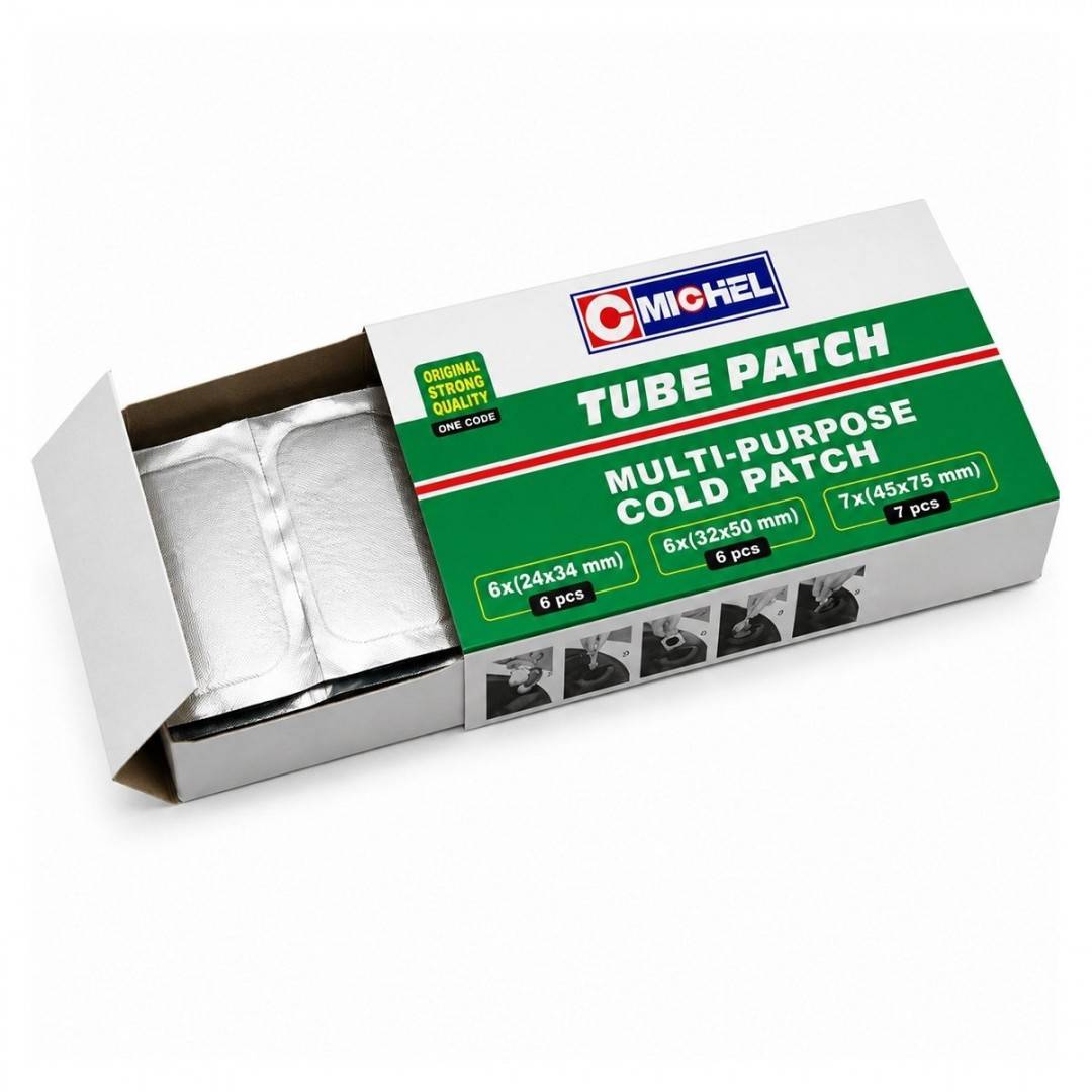 Set 19 petice vulcanizare dreptunghiulare 24x34mm, 6x32mm, 32x50mm, 45x75mm + 1 tub adeziv 20ml pentru camere de aer Michel