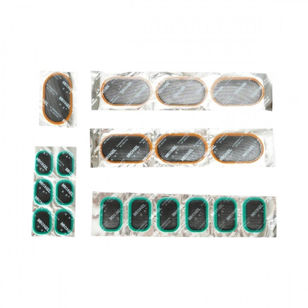 Set 19 petice vulcanizare dreptunghiulare 24x34mm, 6x32mm, 32x50mm, 45x75mm + 1 tub adeziv 20ml pentru camere de aer Michel