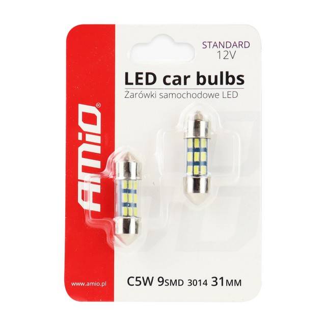 Set 2 becuri auto AMIO , LED 9 SMD 3014, 31mm, 12V, capac sticla, leduri alb sofit Festoon
