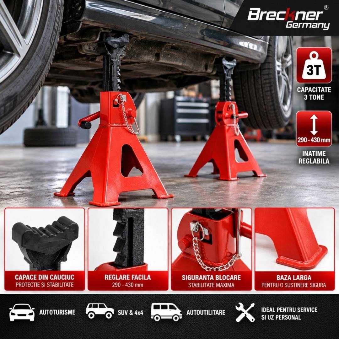 Set 2 cricuri suport capra auto 3T, reglabile 290-430mm, capace cauciuc, sigurante blocare Breckner Germany