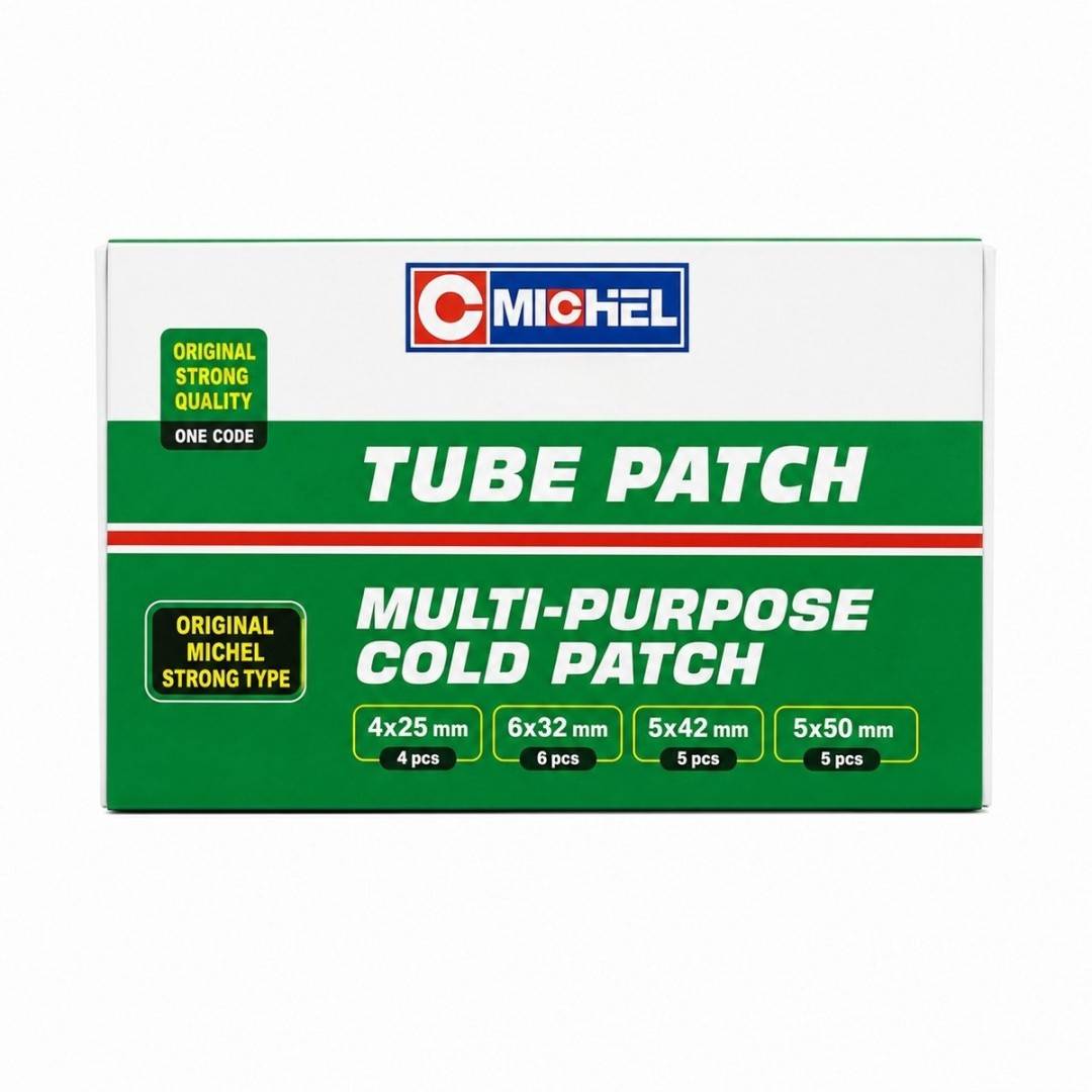 Set 20 petice vulcanizare rotunde 25mm, 32mm, 42mm, 50mm + 1 tub adeziv 20ml pentru camere de aer Michel