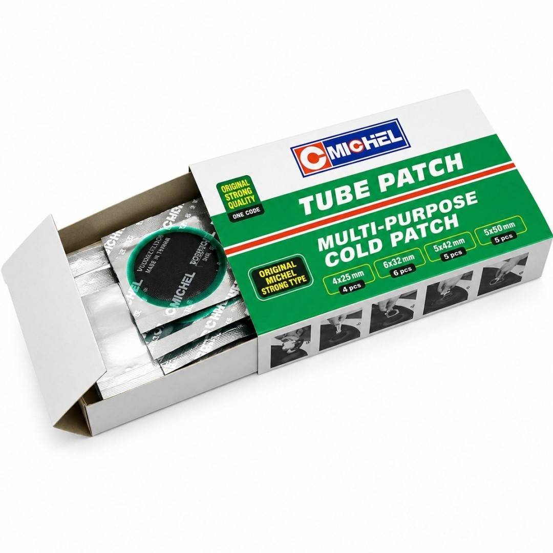 Set 20 petice vulcanizare rotunde 25mm, 32mm, 42mm, 50mm + 1 tub adeziv 20ml pentru camere de aer Michel