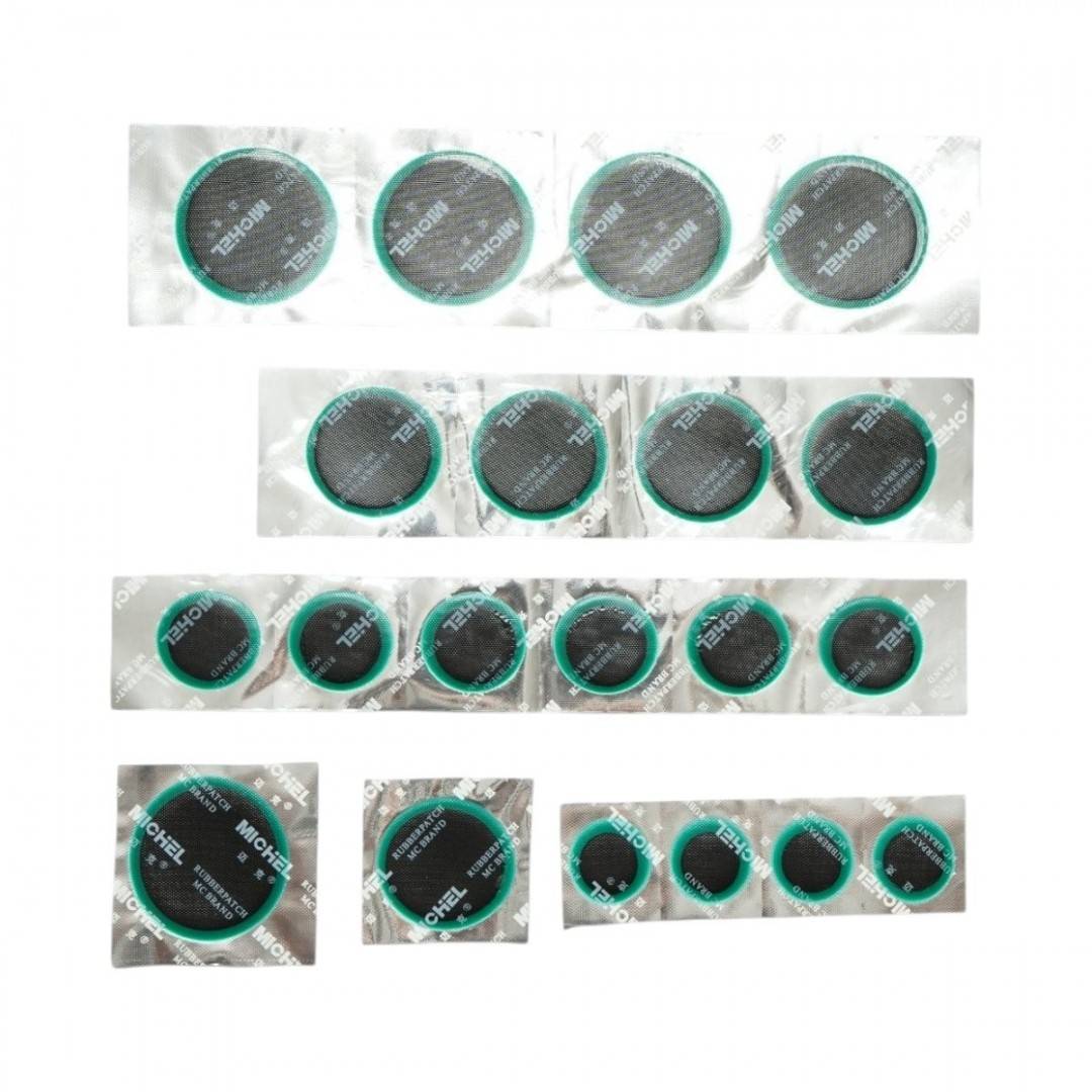 Set 20 petice vulcanizare rotunde 25mm, 32mm, 42mm, 50mm + 1 tub adeziv 20ml pentru camere de aer Michel