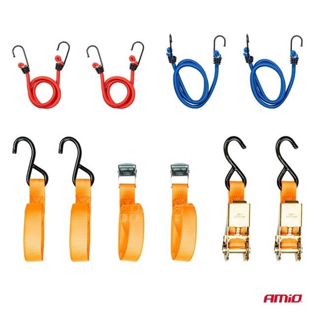 Set 8 chingi fixare marfa si elastice, 4 modele, cu geanta AMIO