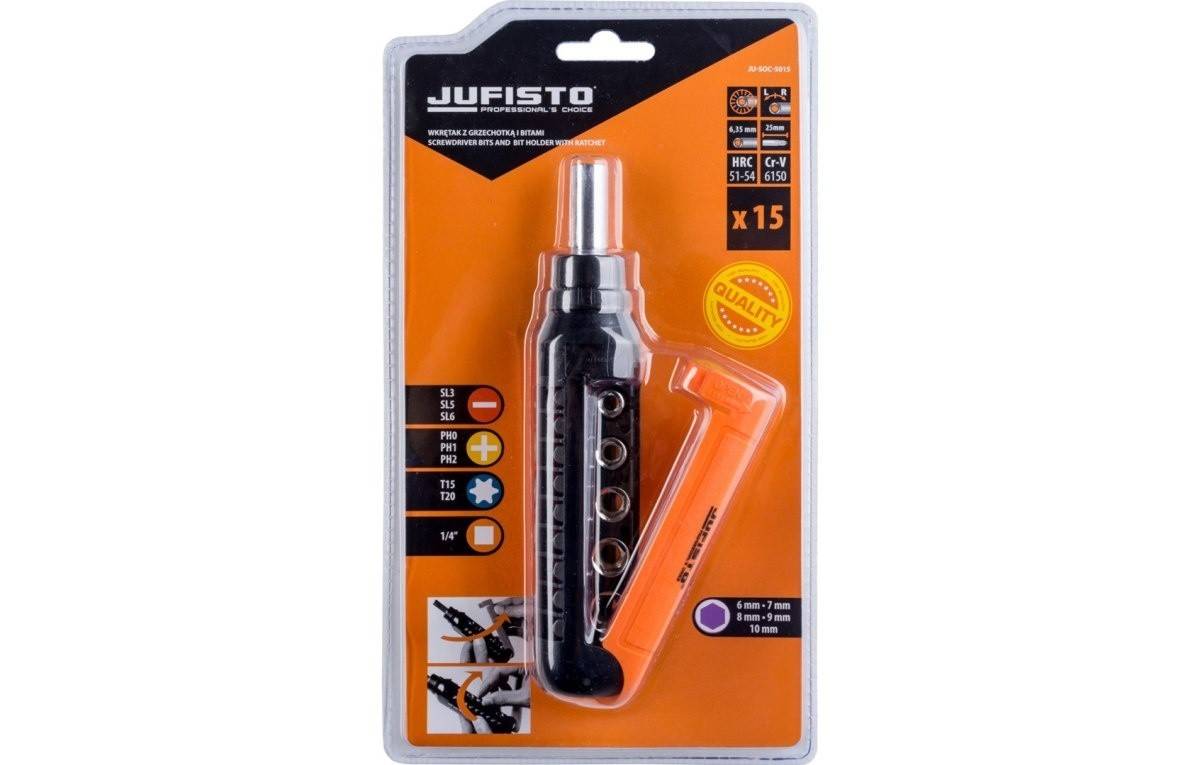 Set șurubelniță cu clichet și biți Jufisto, 15 buc.
