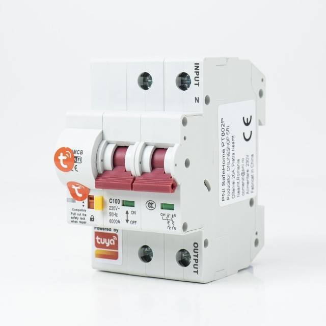 Siguranta automata inteligenta PNI SafeHome PT802P WiFi, 2P, 100A, comanda prin internet, aplicatie de mobil Tuya Smart, integrare in scenarii si