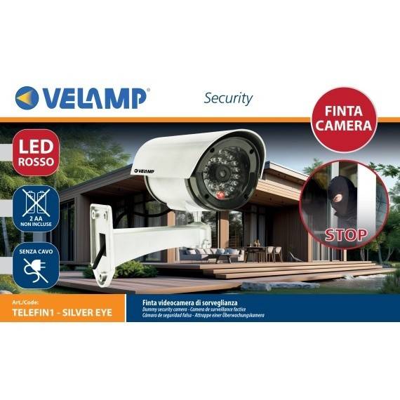 SILVEREYE: Camera video falsa, cu LED rosu. Functioneaza cu 2 baterii AA (neincluse). Argintiu