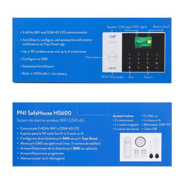 Sistem de alarma wireless PNI SafeHouse HS600 Wifi GSM 4G, suporta 90 zone wireless si 3 zone cu fir, compatibil cu aplicatia Tuya Smart, alerta prin