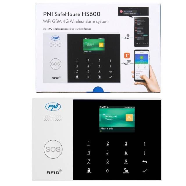 Sistem de alarma wireless PNI SafeHouse HS600 Wifi GSM 4G, suporta 90 zone wireless si 3 zone cu fir, compatibil cu aplicatia Tuya Smart, alerta prin