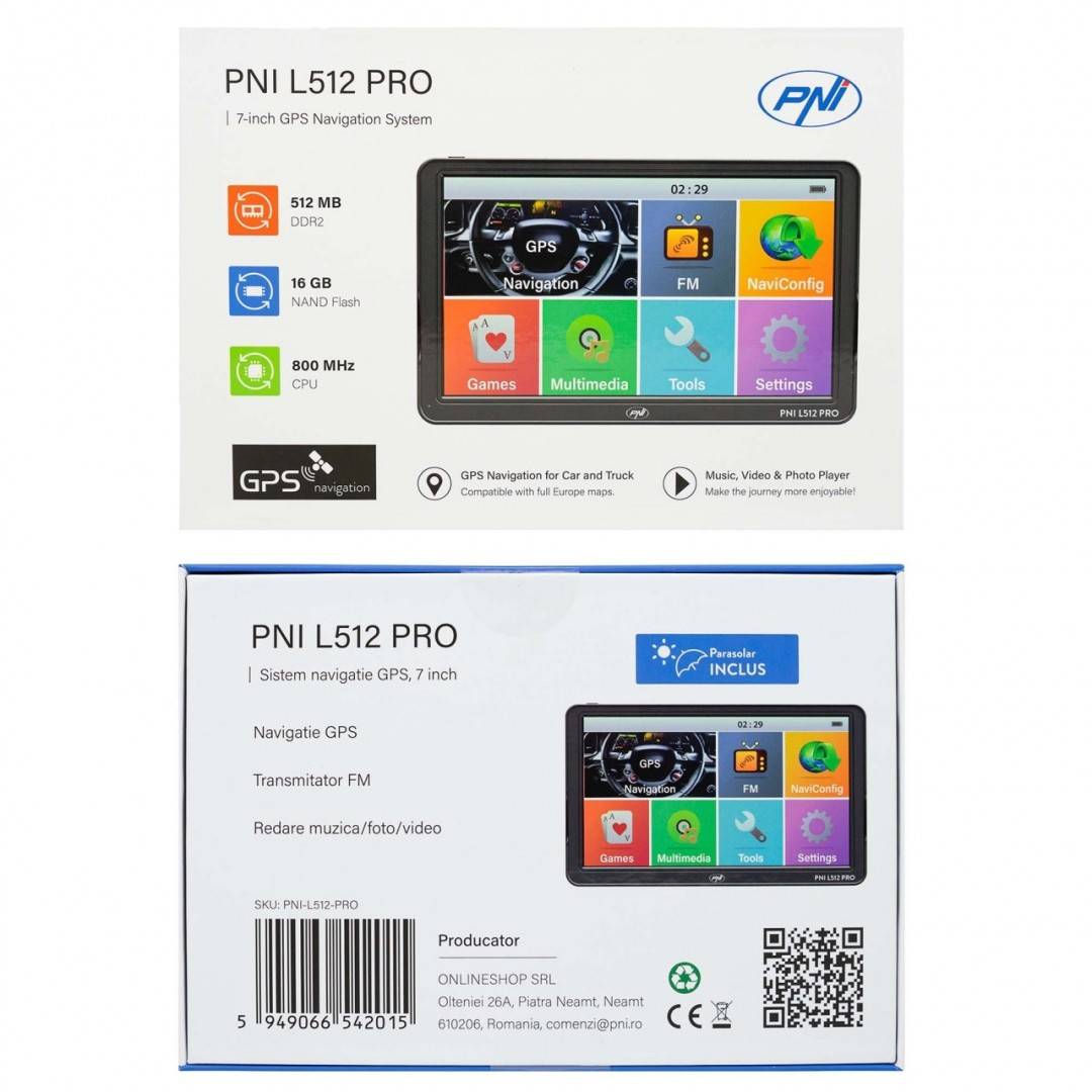 Sistem de navigatie GPS PNI L512 PRO cu parasolar, 7 inch, 800 MHz, 512MB DDR, 16GB memorie interna, FM transmitter