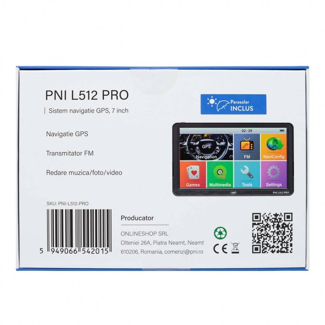 Sistem de navigatie GPS PNI L512 PRO cu parasolar, 7 inch, 800 MHz, 512MB DDR, harta Full Europe inclusa
