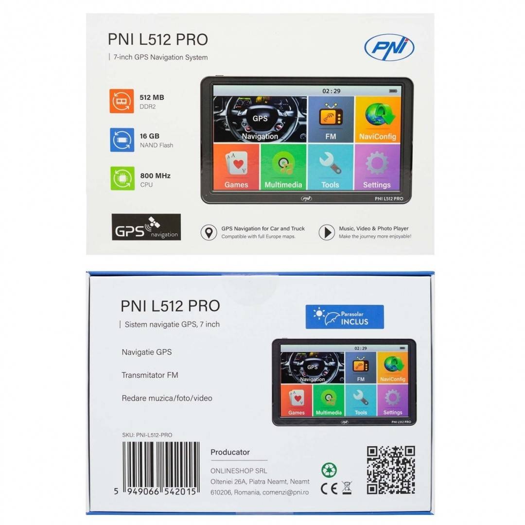 Sistem de navigatie GPS PNI L512 PRO cu parasolar, 7 inch, 800 MHz, 512MB DDR, harta Full Europe inclusa