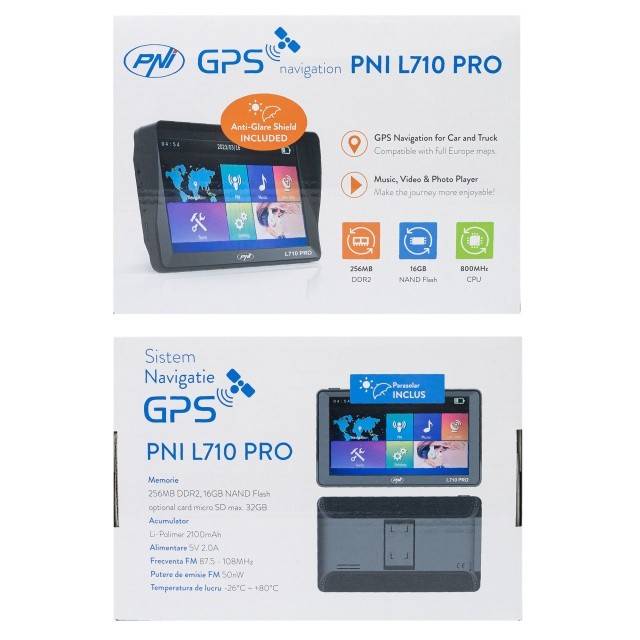 Sistem de navigatie GPS PNI L710 PRO cu parasolar, 7 inch, 800 MHz, 256MB DDR, 16GB memorie interna, FM transmitter, cu doua alimentatoare auto
