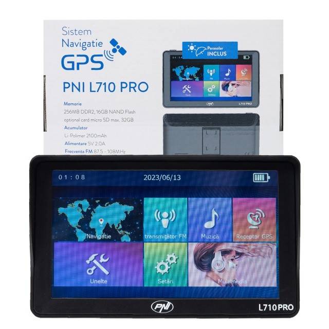 Sistem de navigatie GPS PNI L710 PRO cu parasolar, 7 inch, 800 MHz, 256MB DDR, 16GB memorie interna, FM transmitter, cu doua alimentatoare auto