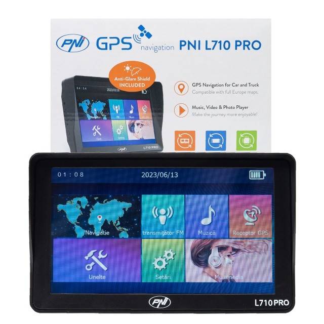 Sistem de navigatie GPS PNI L710 PRO cu parasolar, 7 inch, 800 MHz, 256MB DDR, 16GB memorie interna, FM transmitter, cu doua alimentatoare auto