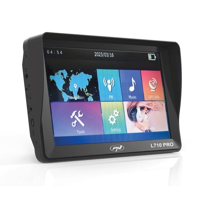 Sistem de navigatie GPS PNI L710 PRO cu parasolar, 7 inch, 800 MHz, 256MB DDR, 16GB memorie interna, FM transmitter, cu doua alimentatoare auto