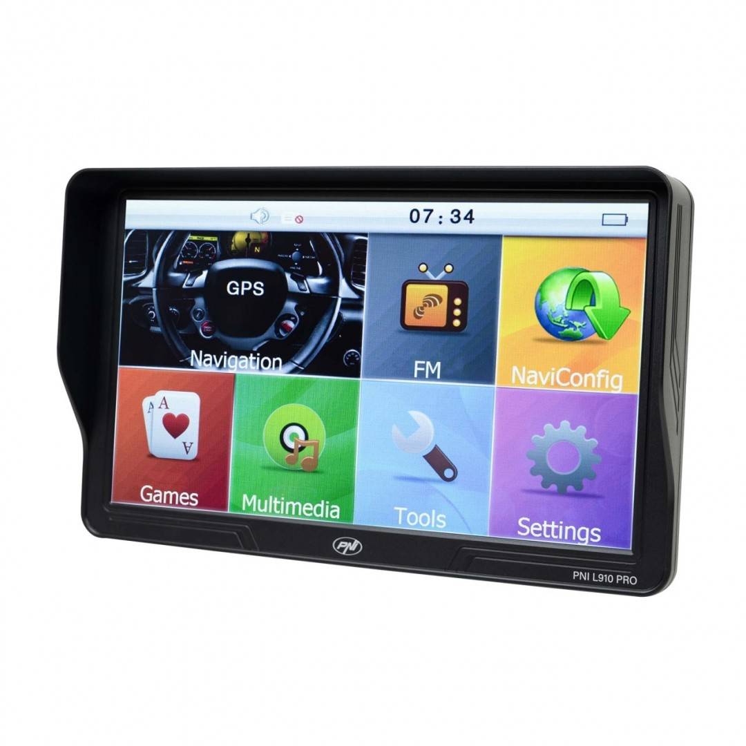 Sistem de navigatie GPS PNI L910 PRO cu parasolar, 9 inch, 800 MHz, 512MB DDR, 16GB memorie interna, FM transmitter, negru